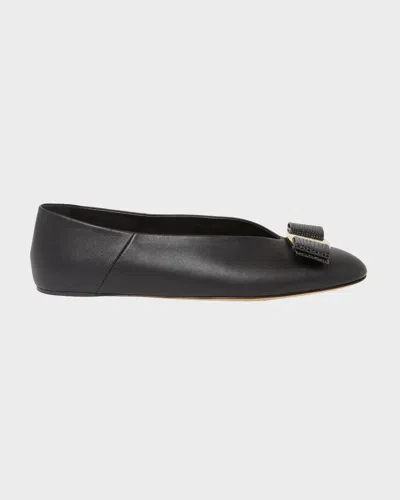 Ferragamo Vanna Calfskin Bow Ballerina Flats In Nero