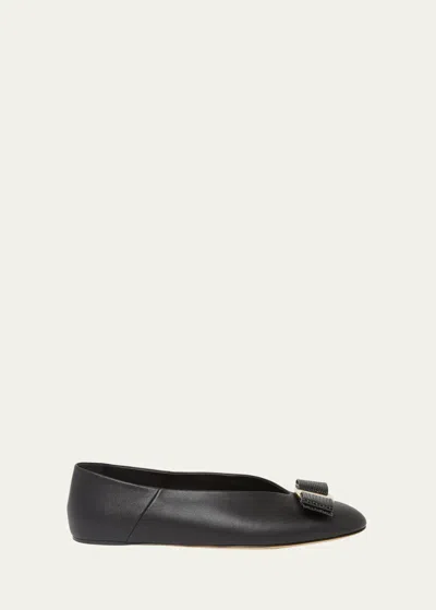 Ferragamo Vanna Vara Bow Ballet Flats In Calf Leather In Black