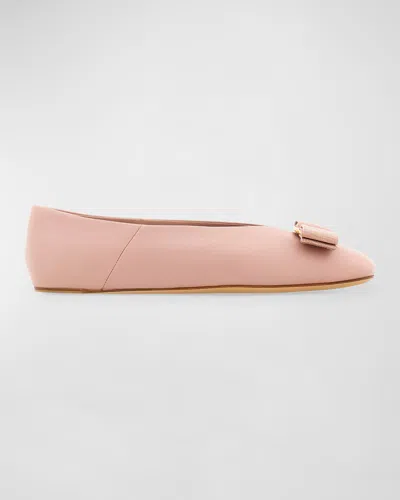 Ferragamo Vanna Calfskin Bow Ballerina Flats In Rose