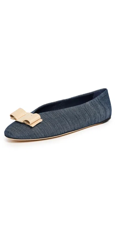 Ferragamo Women's Vanna Denim Bow Ballet Flats In Blue