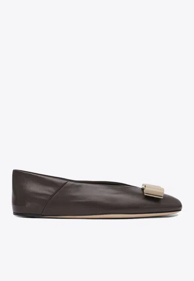 Ferragamo Vanna Vara Bow Leather Ballet Flats In Grey