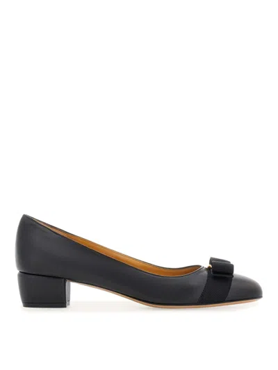 Ferragamo Nappa Leather Pumps Vara Block Heel Bow In Blue