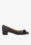 Ferragamo Nappa Leather Pumps Vara Block Heel Bow In Black