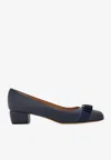 Ferragamo Nappa Leather Pumps Vara Block Heel Bow In Blue
