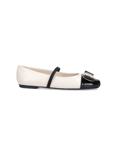 Ferragamo Cream Flat Shoes With Glossy Black Toe Cap In Multi