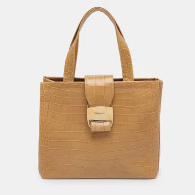 Pre-owned Ferragamo Vara Beige Croc Embossed Leather Tote In Sand