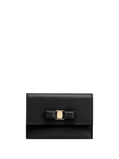Ferragamo 'vara' Black Card-holder With Engraved Logo And Vara Bow In Hammered Leather Woman In Multicolor