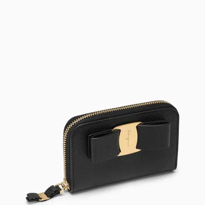 Ferragamo Vara Black Leather Zip-around Wallet With Bow Women In Multicolor