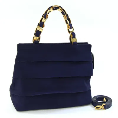 Pre-owned Ferragamo Vara Blue Navy Canvas Leather Handbag () In Multi