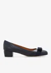 Ferragamo Nappa Leather Pumps Vara Block Heel Bow In Navy