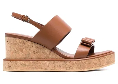 Pre-owned Ferragamo Vara Bow 55mm Wedge Sandals (women's) Sneakers In Beige/brown