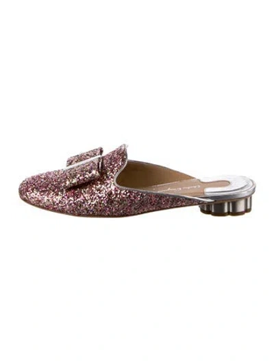 Pre-owned Ferragamo Vara Bow Accent Glitter Mules In Pink