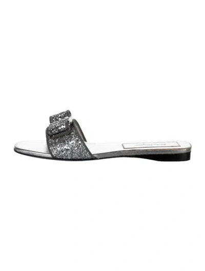 Pre-owned Ferragamo Vara Bow Accent Glitter Slides In Silver