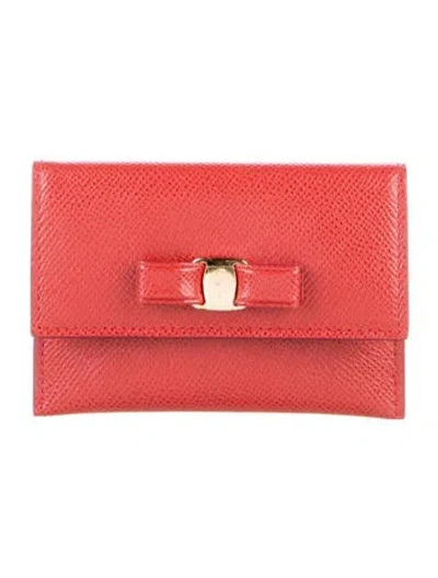 Pre-owned Ferragamo Vara Bow Accent Leather Card Holder In Red