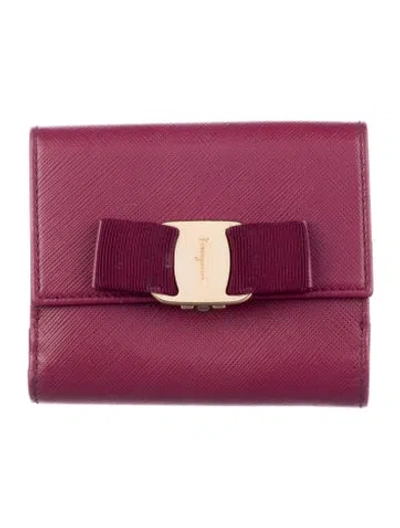 Pre-owned Ferragamo Vara Bow Accent Leather Compact Wallet In Purple