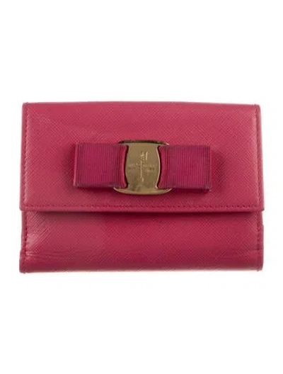 Pre-owned Ferragamo Vara Bow Accent Leather Compact Wallet In Purple