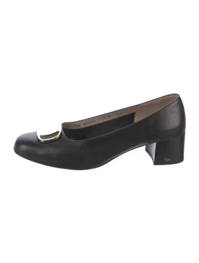 Pre-owned Ferragamo Vara Bow Accent Leather Flats In Blue