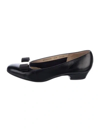 Pre-owned Ferragamo Vara Bow Accent Leather Flats In Blue