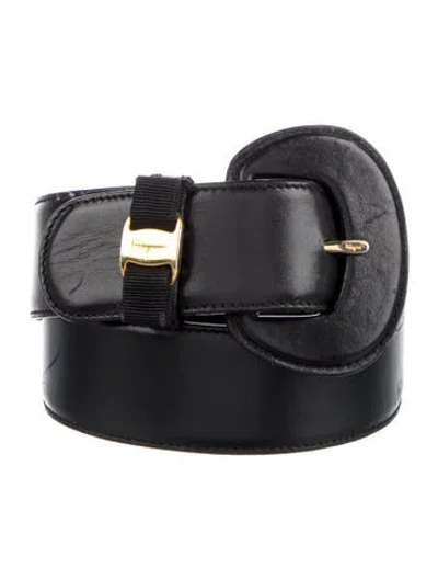 Pre-owned Ferragamo Vara Bow Accent Leather Waist Belt In Black