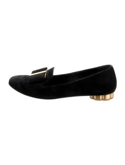 Pre-owned Ferragamo Vara Bow Accent Suede Loafers In Black