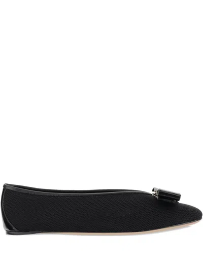 Ferragamo Bow Textured Fabric Ballerina Shoes In Black
