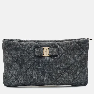 Pre-owned Ferragamo Vara Bow Blue Quilted Denim Effect Suede Clutch