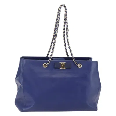 Pre-owned Ferragamo Vara Bow Chain Tote Leather Leather Tote Bag Bag () In Blue
