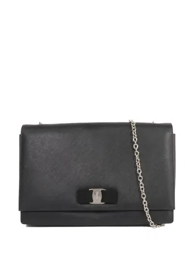 Pre-owned Ferragamo Vara Bow Chain-strap Calfskin Shoulder Bag In Black