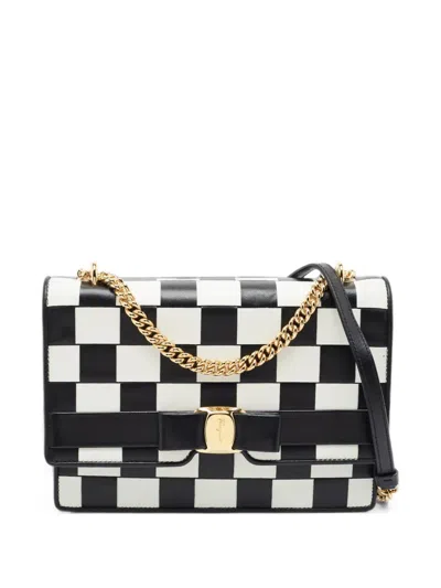 Pre-owned Ferragamo Vara Bow Checkered Shoulder Bag In Black