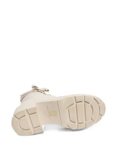 Pre-owned Ferragamo Vara Bow Combat Boots In Neutrals