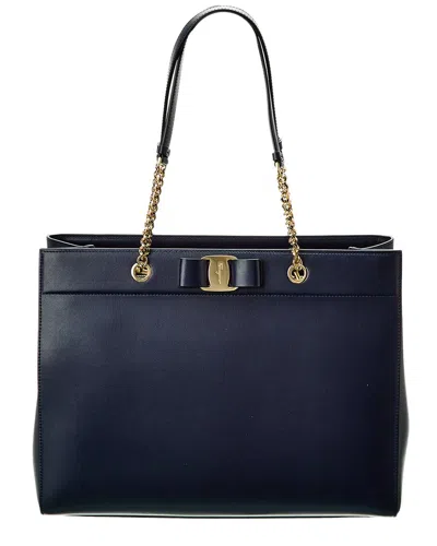 Ferragamo Vara Bow Double Handle Leather Tote In Blue