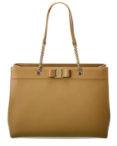 Ferragamo Vara Bow Double Handle Leather Tote In Brown