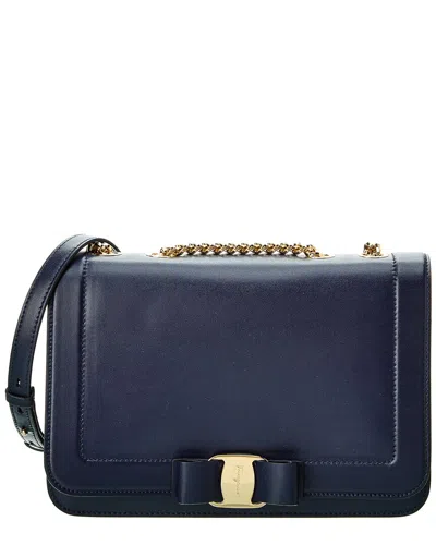 Ferragamo Vara Bow Front Flap Leather Shoulder Bag In Blue