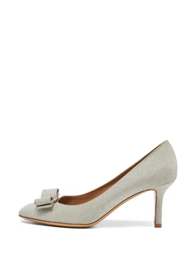 Pre-owned Ferragamo Vara Bow Glitter Pumps In Silver