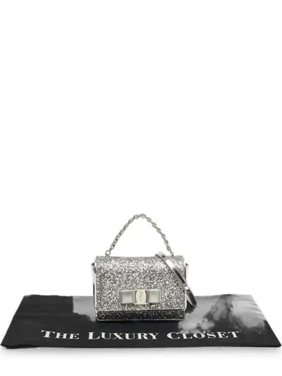 Pre-owned Ferragamo Vara Bow Glitter Top Tote Bag In Silver