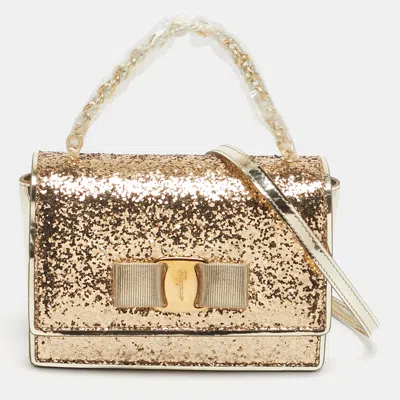 Pre-owned Ferragamo Vara Bow Gold Glitter And Patent Leather Top Handle Bag