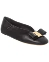 Ferragamo Leather Round Toe Ballerina Shoes With Bow Detail In Black