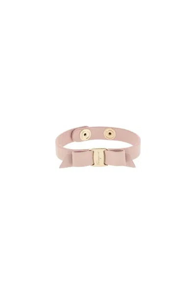Ferragamo Vara Bow Leather Bracelet In Pink/gold