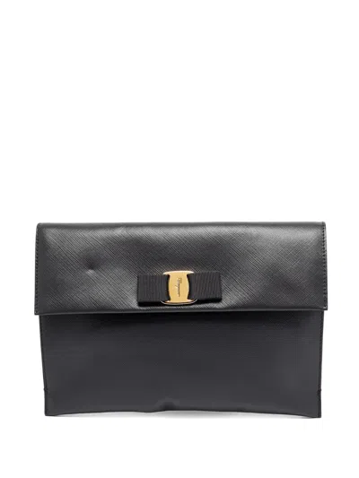 Pre-owned Ferragamo Vara Bow Leather Clutch Bag In Black