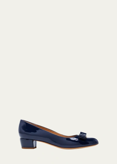 Ferragamo Vara Bow Leather Low Pumps In Oxford Blue