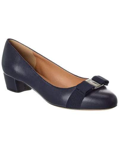Ferragamo Nappa Leather Pumps Vara Block Heel Bow In Blue