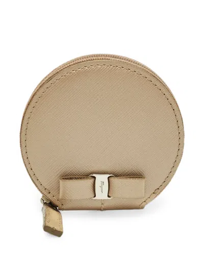 Pre-owned Ferragamo Vara Bow Leather Round Coin Purse In Neutral