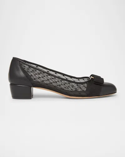 Ferragamo Vara Bow Mesh Leather Pumps In Black