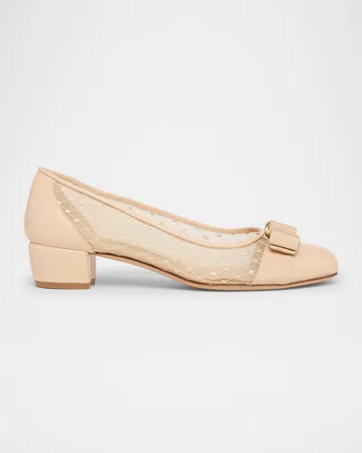 Ferragamo Vara Bow Mesh Leather Pumps In Nude Beige