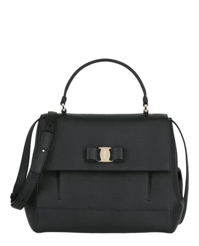 Ferragamo Vara Bow Pebbled Leather Shoulder Bag In Black