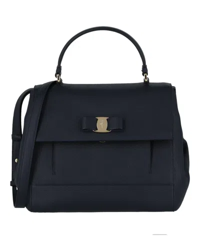 Ferragamo Bow-detailed Pebbled-leather Tote In Blue