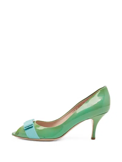 Pre-owned Ferragamo Vara Bow Peep Toe Pumps In Green