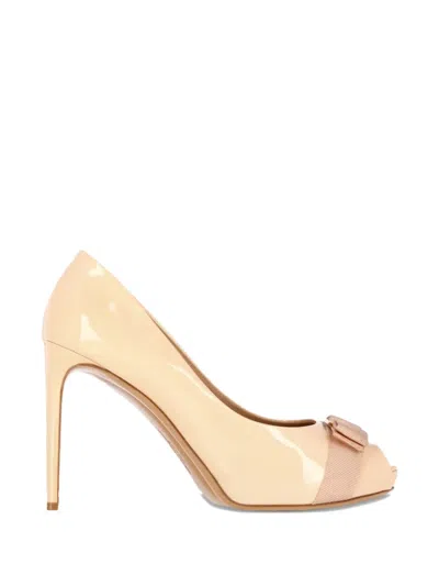 Pre-owned Ferragamo Vara-bow Peep-toe Pumps In Neutral
