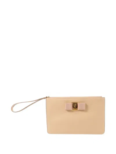 Pre-owned Ferragamo Vara Bow Pouch In Neutrals