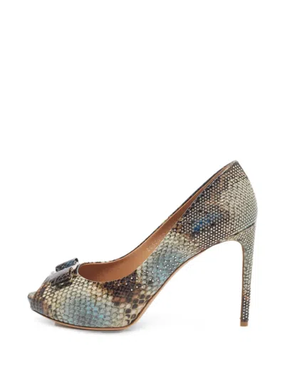 Pre-owned Ferragamo Vara Bow Python-embossed Heeled Pumps In Neutral